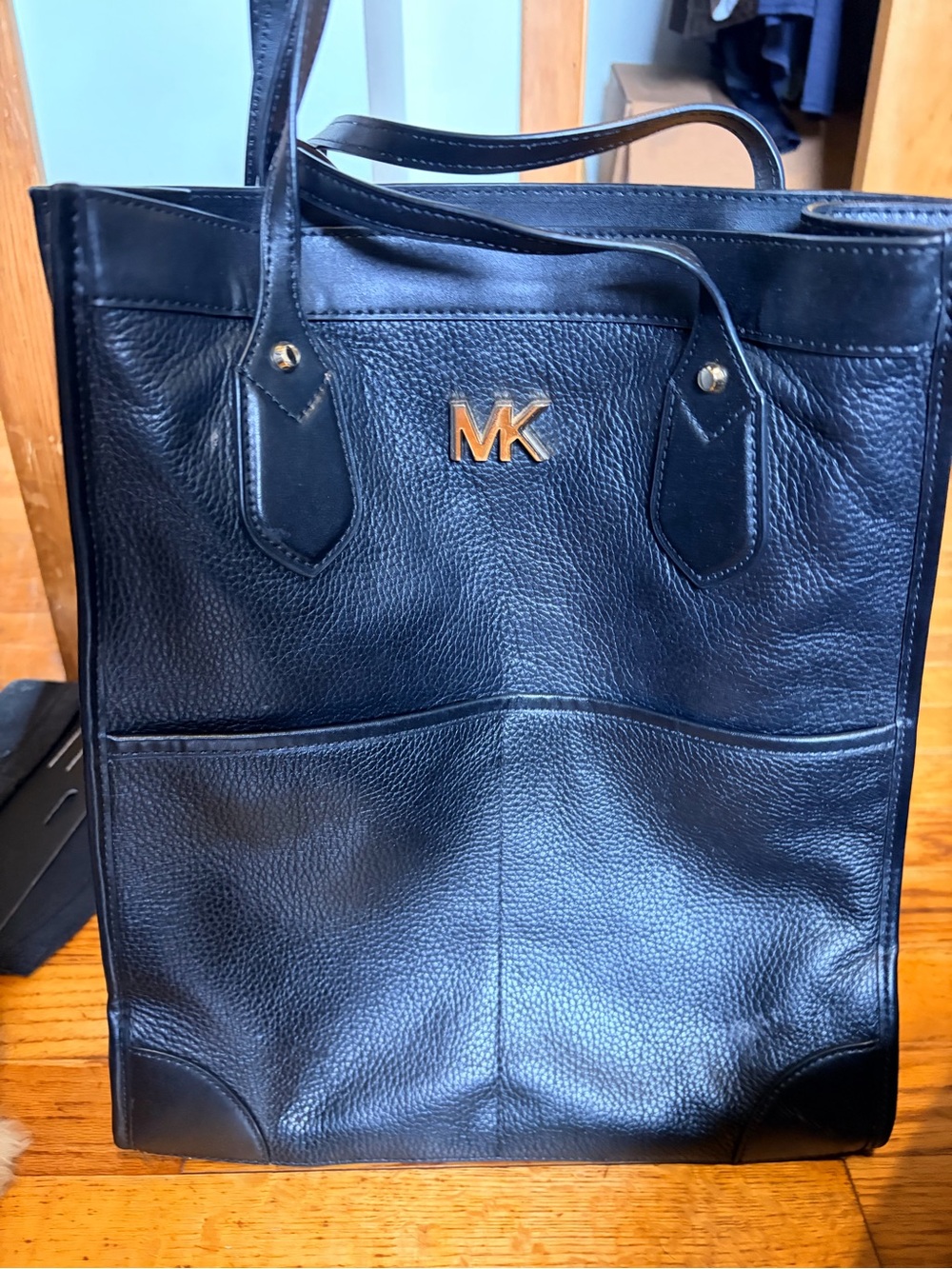 Michael Kors Black Leather Laptop Tote with Gold MK Emblem